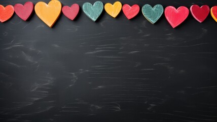 Colorful heart shapes lined up across the top of a dark chalkboard