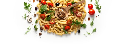 Fototapeta na wymiar A white background with an isolated fork maccheroni pasta mushrooms tomatoes and herbs seen from above Copy space image Place for adding text or design