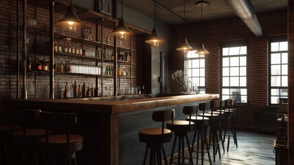 Loft style bar interior features industrial aesthetics with exposed brick, pipes, and open space. The design exudes a raw, urban charm, trendy and relaxed atmosphere for social gatherings and drinks.