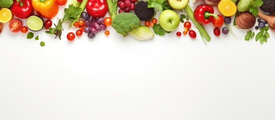 Abstract composition of fruits and vegetables on wallpaper Vegetable pattern Healthy food concept Isolated vegetables top view Copy space image Place for adding text or design