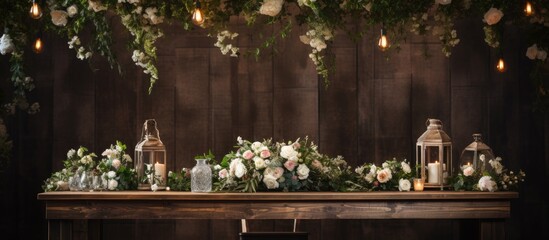 Fototapeta na wymiar Beautiful floral arrangements on rustic wooden tables for a stunning wedding Copy space image Place for adding text or design