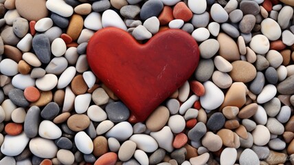 Obraz premium A red heart-shaped stone nestled among multicolored pebbles