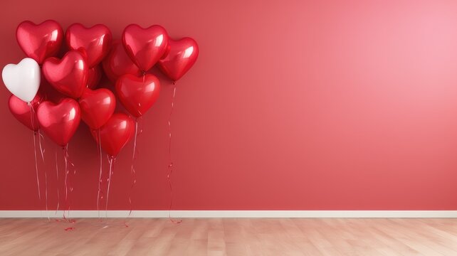 Red and white heart-shaped balloons against a red wall