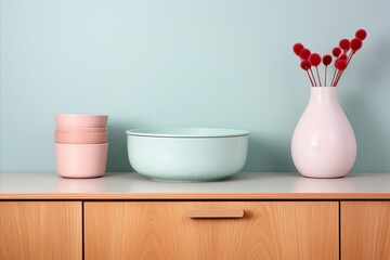 Fototapeta na wymiar Scandinavian Pink Kitchen Cabinets with Wooden Countertop and Herringbone Tiled Backsplash