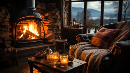 Intimate evening by the fireplace with candles, a cozy blanket, and a leather chair, offering a serene mountain view through large windows