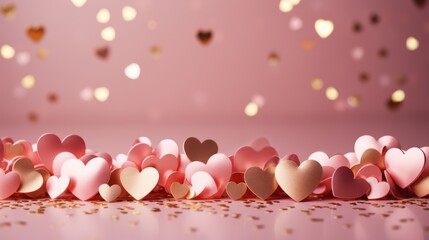 
A romantic array of pink and gold paper hearts with sparkling confetti, creating a warm, festive Valentine's backdrop