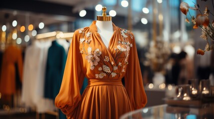 Elegant orange pleated dress with floral embroidery on a mannequin in a boutique, with soft focused lights creating a luxurious shopping ambiance - obrazy, fototapety, plakaty