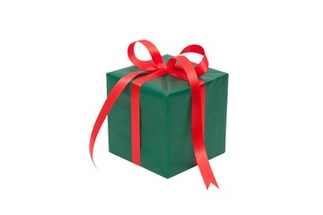 A green gift wrapped Christmas, birthday or valentines presents with red ribbon bows isolated against a white background.