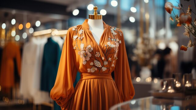 Elegant orange pleated dress with floral embroidery on a mannequin in a boutique, with soft focused lights creating a luxurious shopping ambiance