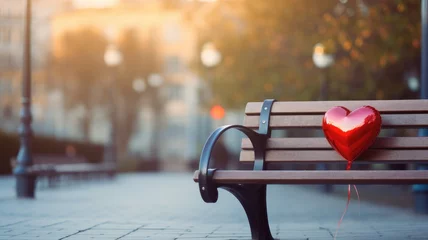  A red heart balloon tied to a bench in a park at sunset © Artyom