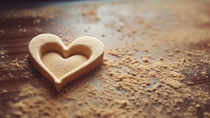 Obraz premium A heart-shaped cookie cutter on wooden surface with scattered flour