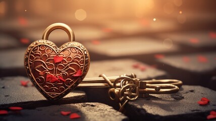 An ornate heart-shaped padlock with keys on a stony surface with warm light