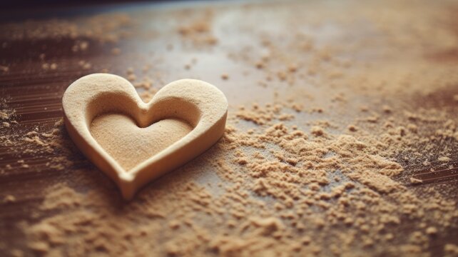 A heart-shaped cookie cutter on wooden surface with scattered flour