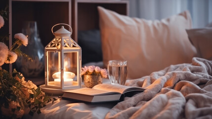 Obraz na płótnie Canvas A cozy bedroom with a soft glow from a lantern, fresh flowers, a glass of water, and an open book on the bed, inviting a peaceful reading time