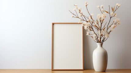 Minimalist interior with a white vase of blooming branches beside a blank wooden frame on a table, perfect for mockups.