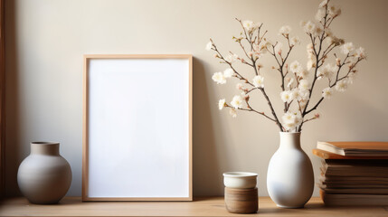 Warm interior scene with a blank frame, textured vases, and cherry blossoms on a wooden table, ideal for cozy mockups or decor themes.