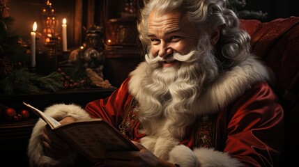 Obraz premium Jovial Santa Claus in red suit reading a book, seated comfortably in an ornate armchair by a warm, festive fireplace adorned with candles and Christmas decor.