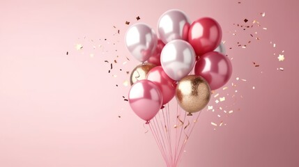 
Elegant pink and gold metallic balloons with delicate confetti, creating a festive and luxurious celebration atmosphere