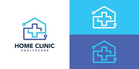 Home Clinic Logo Design Template. Home with Crosshealth and Stethoscope with Minimalist Style. Hospital Logo Icon Symbol Vector Illustration.