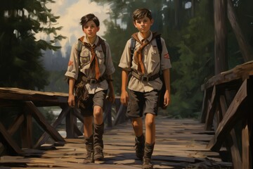 International Boy Scout Day Concept. Two Boy Scouts walk across the bridge with backpacks. Illustration