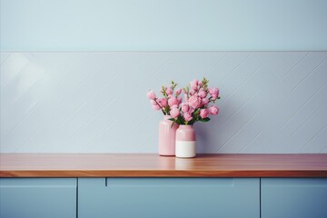 Scandinavian Pink Kitchen with Wooden Countertop and Herringbone Tiled Backsplash