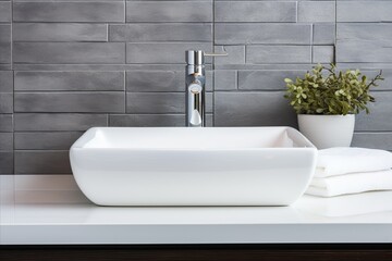 Elegant White Square Vessel Sink with Sleek Chrome Faucet in Minimalist Contemporary Bathroom Design