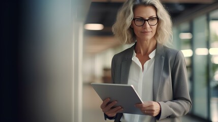 Mature busy business woman financial manager using digital tablet working in office. professional businesswoman executive holding tab technology device standing at work. generative AI - Powered by Adobe