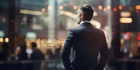A middle-aged businessman in suit looking out of window in the bank office is a financial advisor consultant - Generative ai 