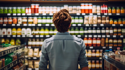 Close up rearview photography of a man in a supermarket or grocery store looking at the shelf full of products, comparing prices and choosing what to buy, male customer behavior in a grocery shopping  - obrazy, fototapety, plakaty