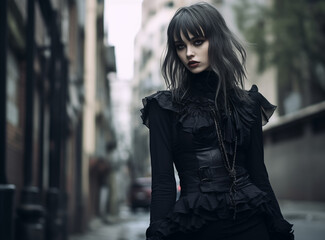 Portrait of a young woman in goth style, ai generative 