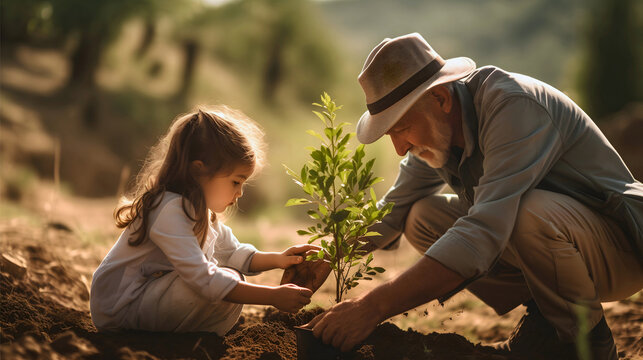 Grandfather and his young granddaughter planting a tree in the ground. Female child, girl working together with her grandfather in the garden, dirty hands from soil. Plant growing, green environment