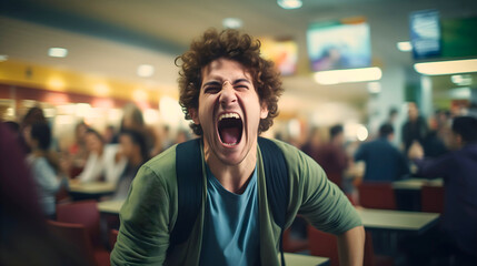 Young male student, teenage boy wearing a backpack, screaming from happiness in cafeteria. Last day of school concept, summer holiday, freedom from education - obrazy, fototapety, plakaty