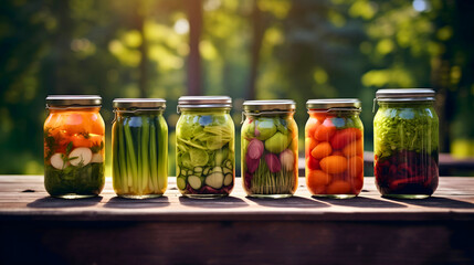 Set of glass jars or pots full of fresh organic and colorful vegetables from agricultural labor, placed on a wooden table in nature, on a sunny day.  Pickled healthy vegetarian food, homemade products - obrazy, fototapety, plakaty