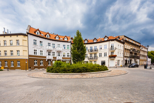Gdansk, Poland - July 23 2023: Beautiful renovated tenement buildings around Gunter Grass roundabout at the end of Wajdeloty street