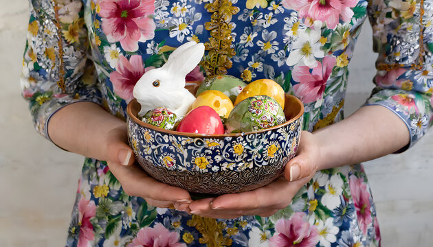 frau, h&auml;lt, Nest, eier, hase, bohemian, clos eut, hintergrund, karte, gestalten, entwerfen, ostern, frohe, konzept, ostereier, osterhase, neu, folkore