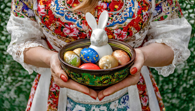frau, h&auml;lt, Nest, eier, hase, bohemian, clos eut, hintergrund, karte, gestalten, entwerfen, ostern, frohe, konzept, ostereier, osterhase, neu, 