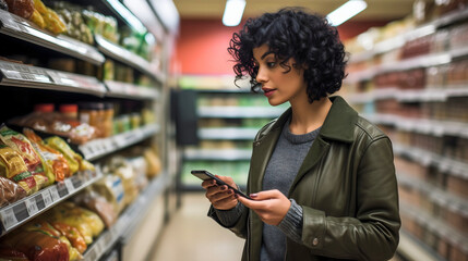 A beautiful young woman standing in the supermarket or grocery store, holding a smart mobile phone, looking at different products, comparing nutrition values and prices, customer behavior in shopping - obrazy, fototapety, plakaty