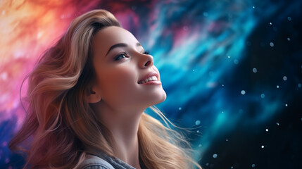 Obraz na płótnie Canvas Portrait of young european fashionable female model, shot from the side, smiling, looking to the side, vibrant cosmic nebula background