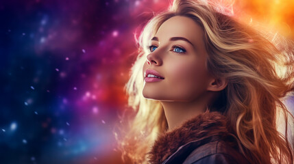 Portrait of young european fashionable female model, shot from the side, smiling, looking to the side, vibrant cosmic nebula background