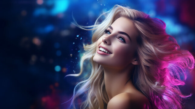 Portrait of young european fashionable female model, shot from the side, smiling, looking to the side, vibrant cosmic nebula background