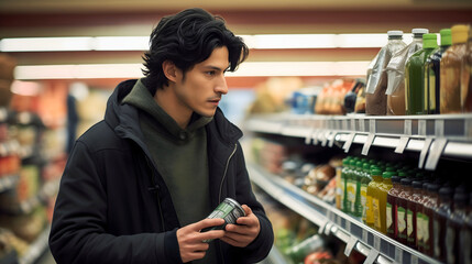 A handsome young man standing in the supermarket or grocery store, looking at the shelves with different fruit juices, comparing price and nutrition values for them - obrazy, fototapety, plakaty