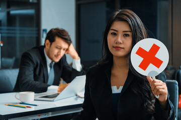 Female human resource manager decline the employment candidate who failed interviewing, sitting in...