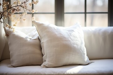 French Country Living Room. White Fabric Sofa and Beige Linen Pillow Close-Up near Window