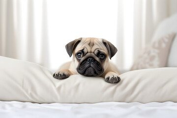 Sad dog on a white bed