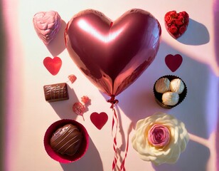 St Valentine’s Day layout background with red heart-shaped balloon, sweets and flowers. 