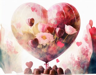 St Valentine’s Day background with red heart-shaped balloon, chocolates, multi-exposure, blurred background 