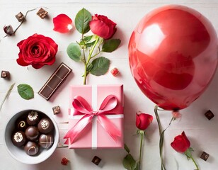 St Valentine’s Day lay out background with roses, red heart-shaped balloon, chocolates, present. 