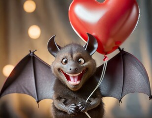Crazy excited bat holding red heart-shaped balloon. St Valentine’s Day funny background  