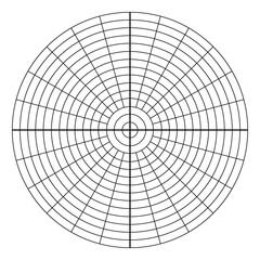 Obraz premium Polar coordinate circular grid isolated on white background. 360 degrees scale. Blank polar graph paper. Vector illustration. Mathematical graph. Lined blank on transparent background