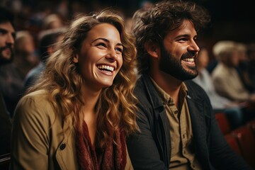 Cheerful couple enjoying a live performance in the vibrant atmosphere of a concert hall
